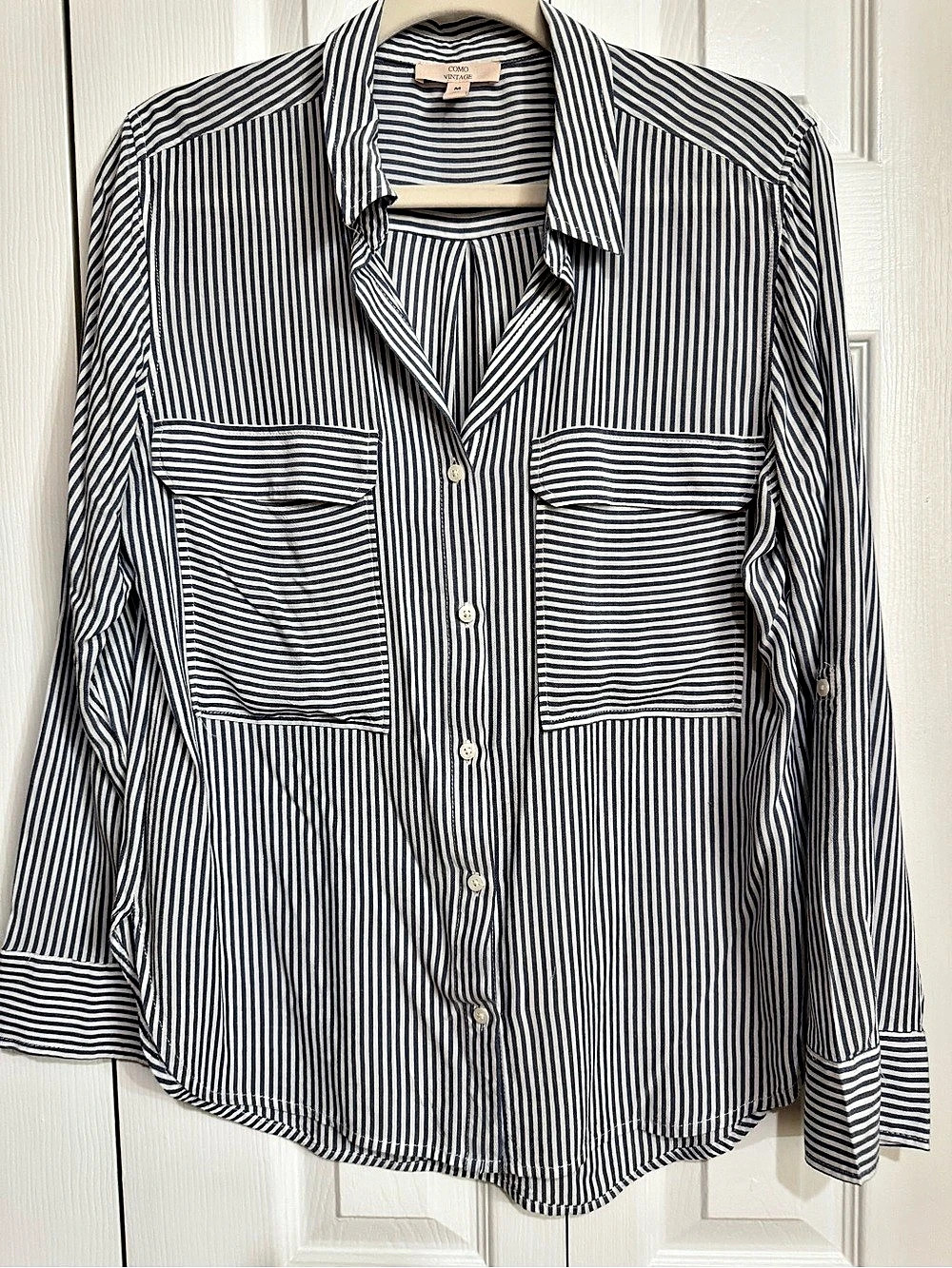 Como Vintage Striped Button-Up Shirt Striped Cotton Blue&White #173